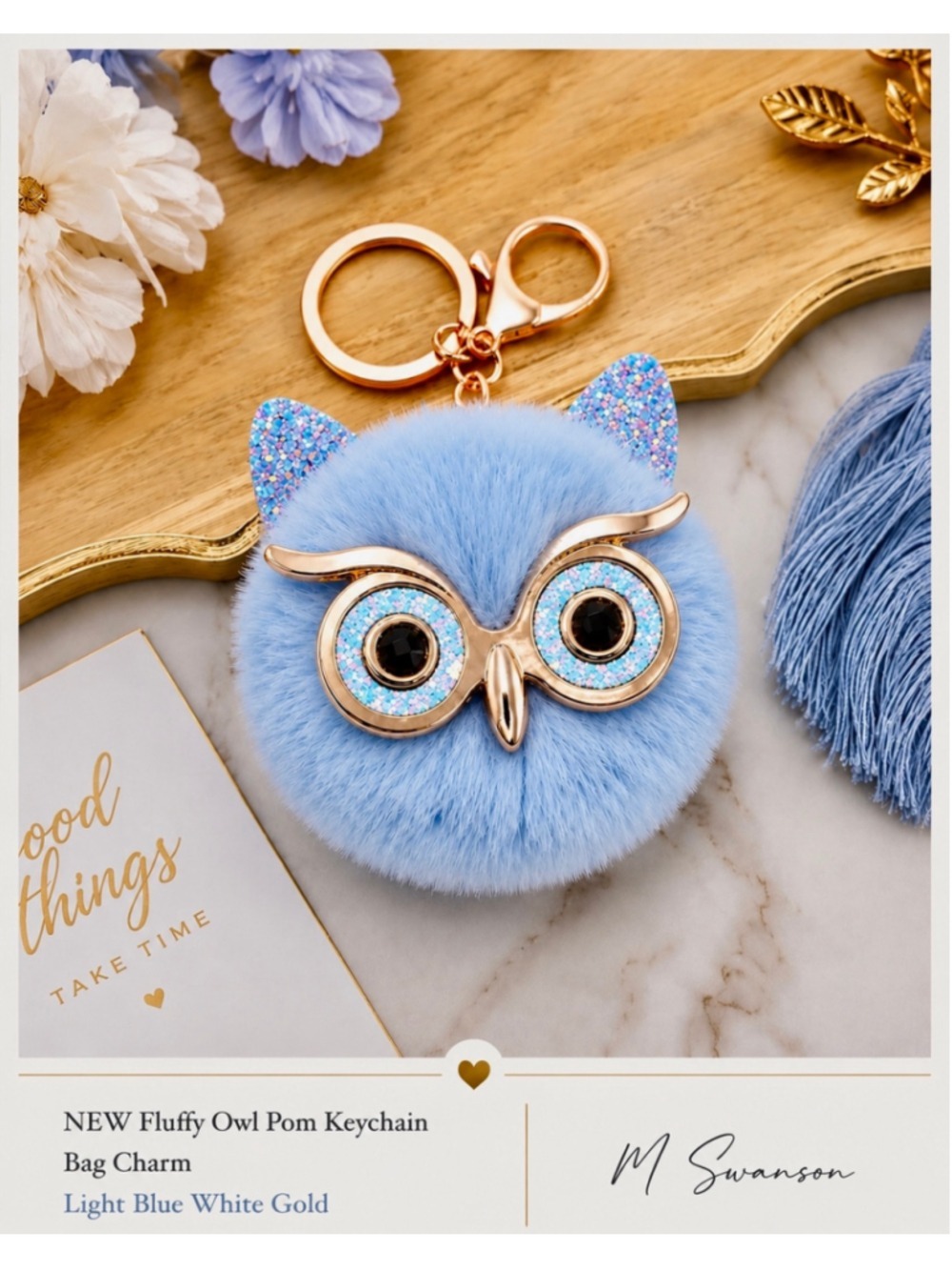 NEW Fluffy Owl Pom Pom
Keychain Charm Light Blue Gold NWT